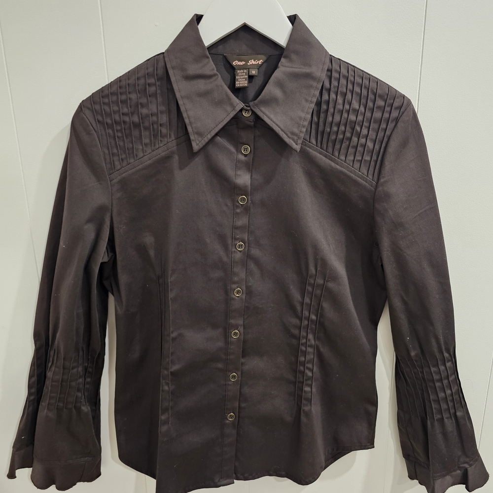 One Shirt Brown Pleated Button Down Blouse Size 12 Stretch Cotton Dark Acadamia